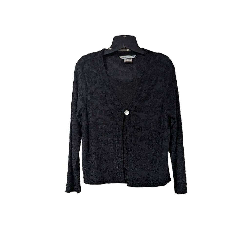 Sophisticates Vintage Black Floral Built in Tank Button Up Cardigan Sz M